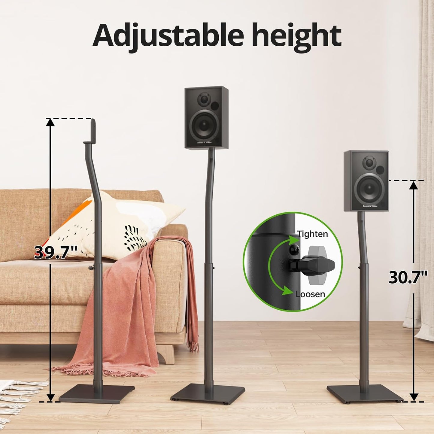 USX MOUNT Universal Speaker Stands - Height Adjustable 30" to 39" for Satellite & Bookshelf Speakers, 1 Pair