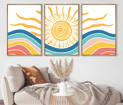 LNLAGBO Framed Boho Sunshine Wall Art Set of 3 Canvas Print Yellow Sun Rising on The Sea Minimalist Art,Mid Century Modern Boho Sun Wall Decor for Bedroom Living Room Office16 x24