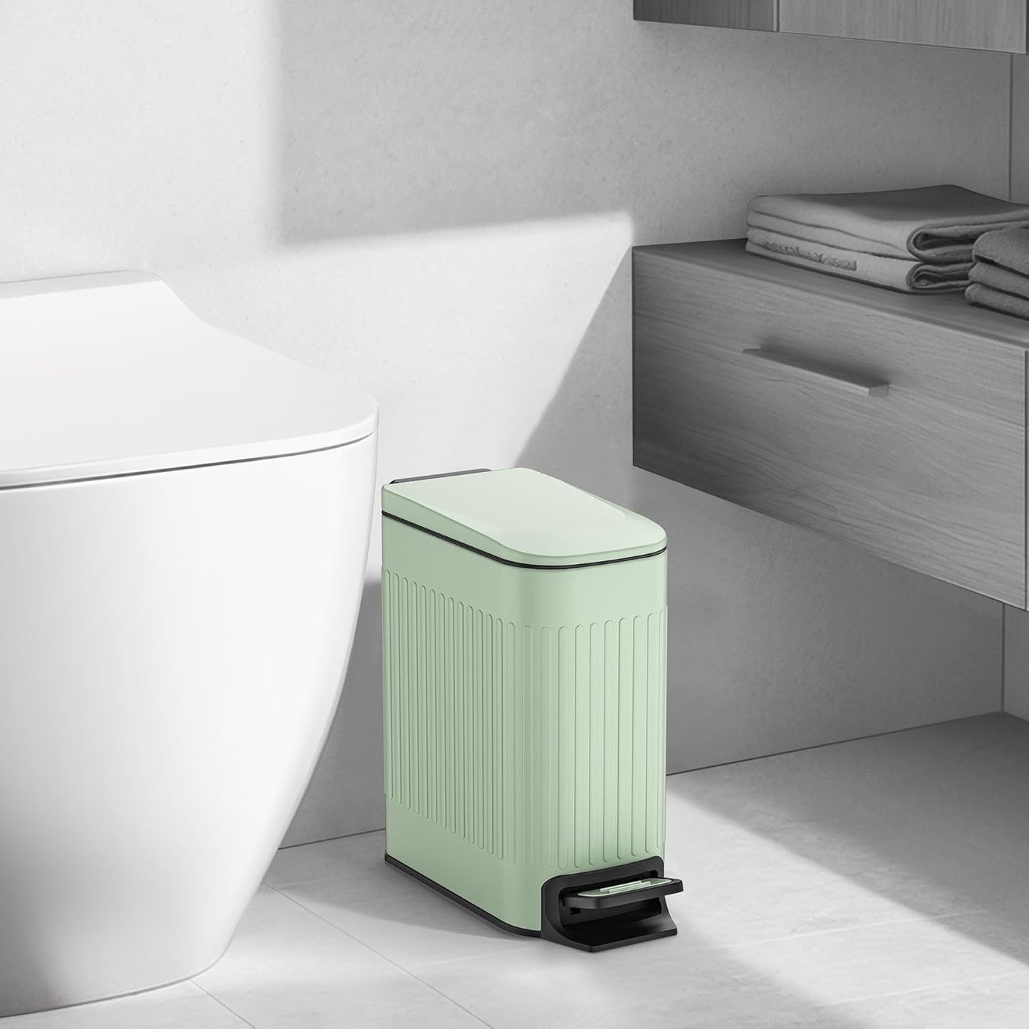 TIPGO Slim Bathroom Trash Can - Soft Close Lid & Step Pedal - 6 Liter Stainless Steel Bin (Green)