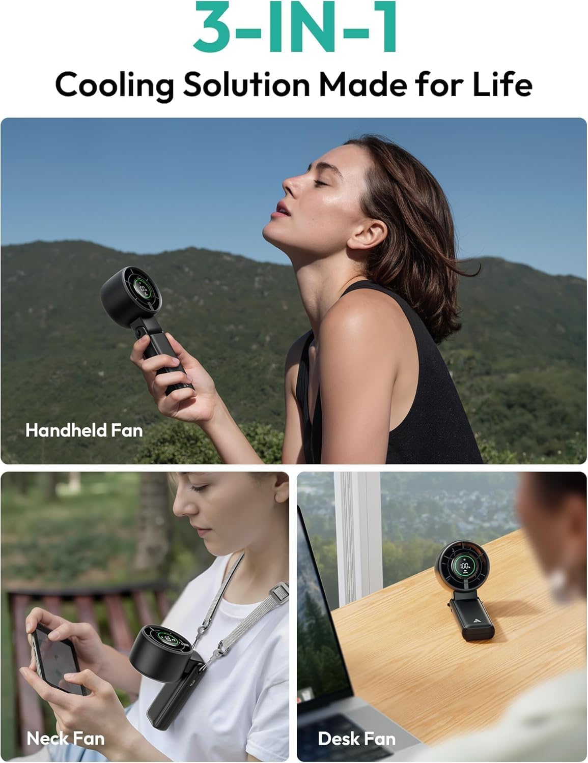 Aecooly Portable 3-in-1 Turbo Handheld Fan - USB Rechargeable Mini with 22H Cooling Time | Black