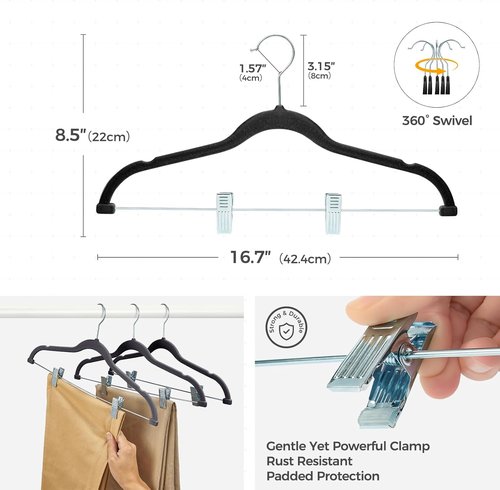 HOUSE DAY Velvet Hangers - Adjustable Clips & 360° Hook | Heavy-Duty Non-Slip Suit Organizer (20 Pack, Black)