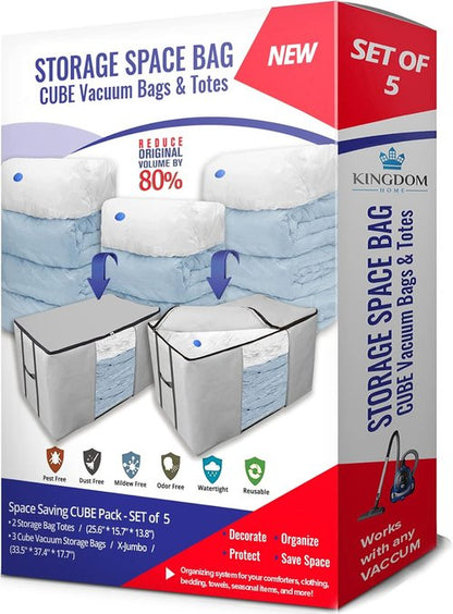 Cube Vacuum Storage Bags - Premium Space Saver Totes with Compression Seal for Clothing & Bedding | Jumbo Organizer for Comforters, Blankets & Pillows