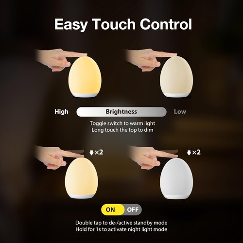 JolyWell Night Light for Kids, Baby Egg Light with 7 Colors Changing Mode & Stepless Dimming, Nursery Night Lamp BPA Free,Rechargeable Egg Night Light for Breastfeeding 1h Timer & Touch Control, Wood