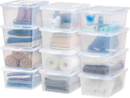 IRIS USA Storage Bins - 12-Pack Clear Stackable Containers for Shoes | 17 Quart BPA-Free Plastic