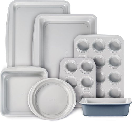 CAROTE 7-Piece Nonstick Bakeware Set - Versatile Baking Pans Including Cookie Sheets, Muffin Pan, & More | Gray & Blue