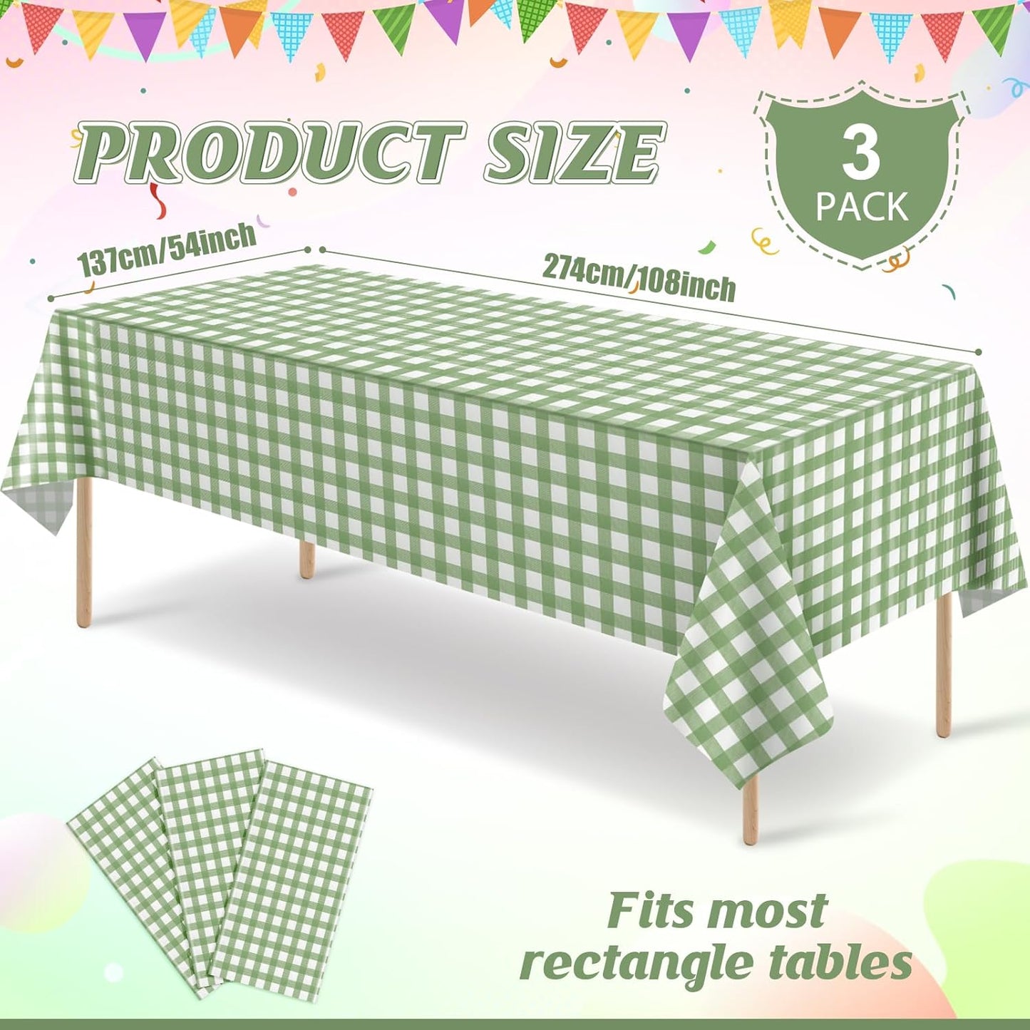 Skiennix Disposable Plastic Tablecloths - Sage Green Gingham Checkered Design | 54 x 108 Inch for Parties