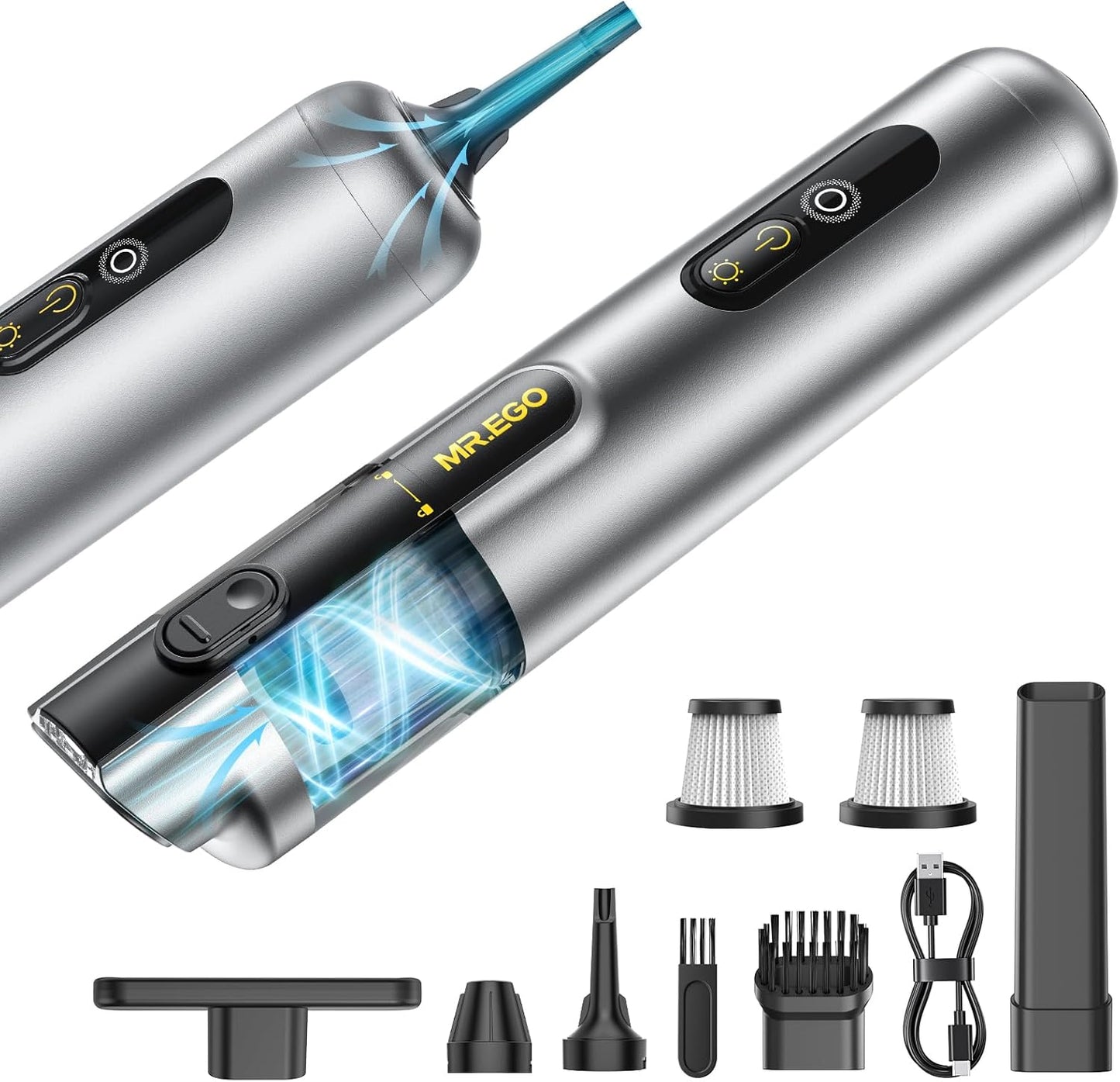 Mr.ego Handheld Car Vacuum - Portable Cordless 4-in-1 Mini Vacuum with 18500Pa Suction | Silver Finish