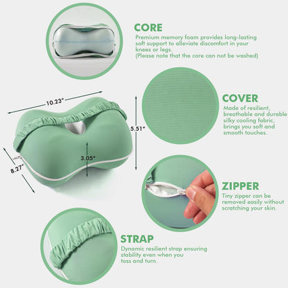 Kevity Knee Pillow for Side Sleepers Hip Pain, Memory Foam Leg Pillow for Side Sleeping, Cushion for Sciatica, Back, Pregnancy & Spine Alignment with Washable Cooling Cover (Green)