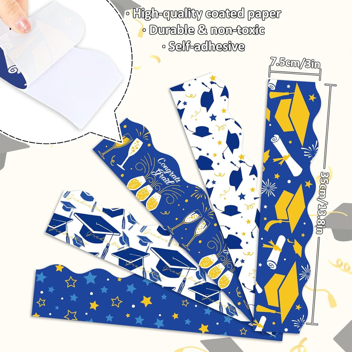 Whaline Graduation Bulletin Board Border - 69Ft Blue & Gold Cap Star Trim for Grad Party Decor
