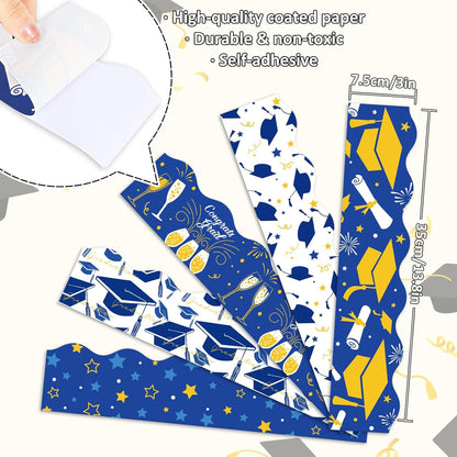 Whaline Graduation Bulletin Board Border - 69Ft Blue & Gold Cap Star Trim for Grad Party Decor