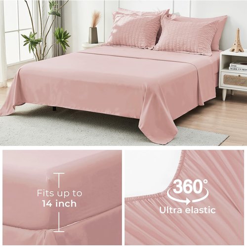 HYMOKEGE Rose Gold Twin Comforter Set Seersucker 5 Pieces, All Season Luxury Bed in a Bag Queen for Bedroom, Bedding Set with Comforter, Sheets, Pillowcase & Sham