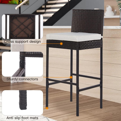 PayLessHere Rattan Bar Stools - Set of 2 Outdoor Wicker Chairs with Backrest & Cushion, Brown