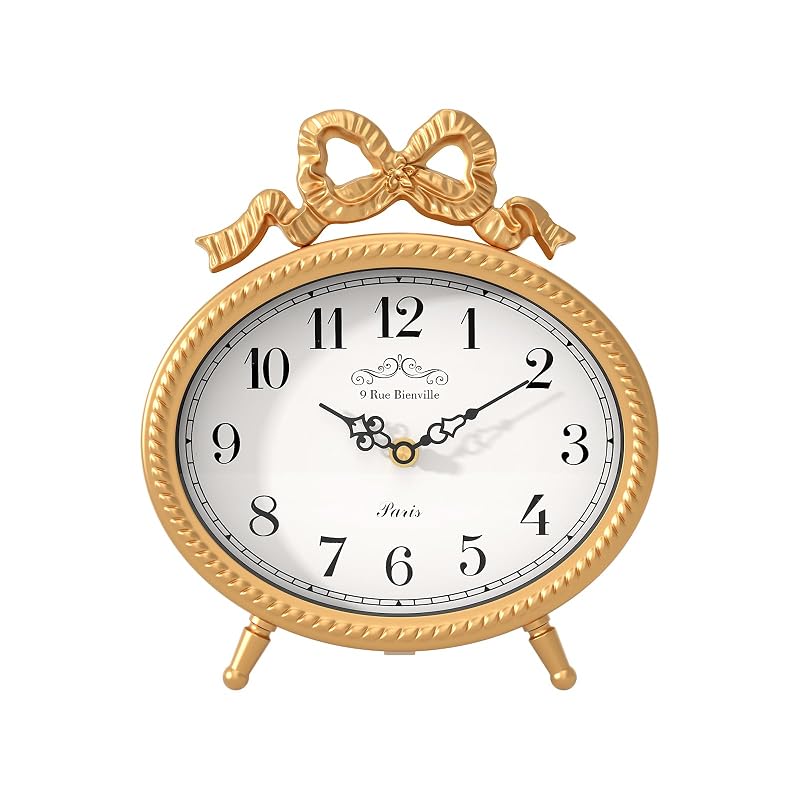 Vintage Table Clock with Bow - Gold Boho French Style, 9.45" H x 8.3" W, 2.16" D (Variation: Gold)