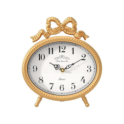 Vintage Table Clock with Bow - Gold Boho French Style, 9.45" H x 8.3" W, 2.16" D (Variation: Gold)