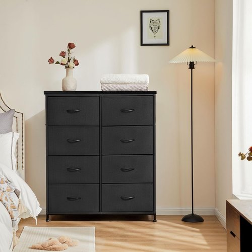 DUMOS 8-Drawer Dresser - Sturdy Fabric Storage Organizer with Metal Frame & Wooden Top | Matte Black