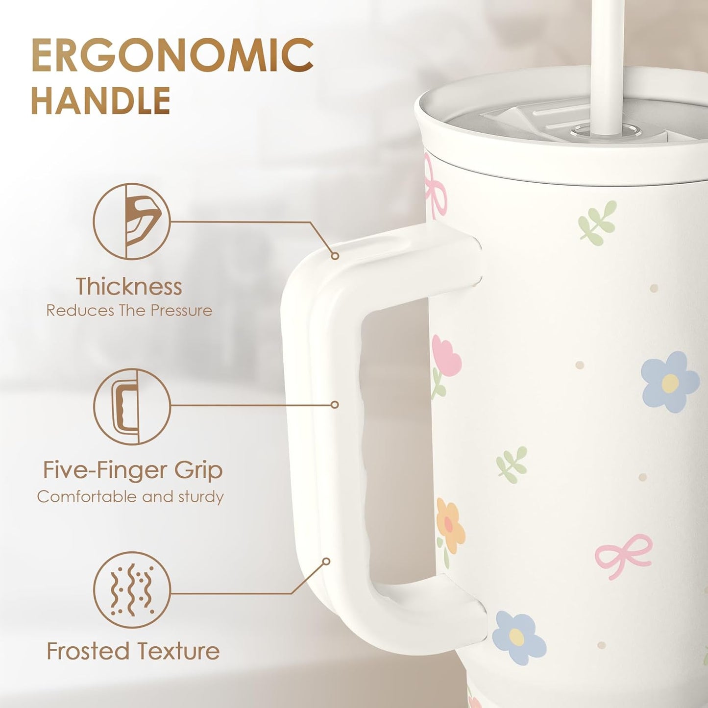 Skiennix Floral 40oz Slider Tumbler - Insulated Stainless Steel Travel Mug with Handle & Straw for Women
