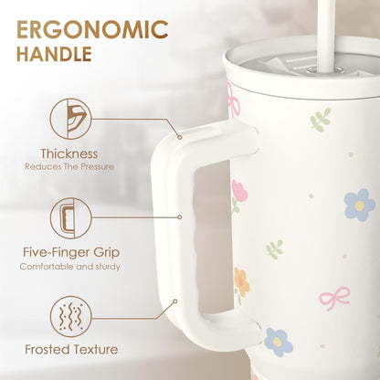 Skiennix Floral 40oz Slider Tumbler - Insulated Stainless Steel Travel Mug with Handle & Straw for Women