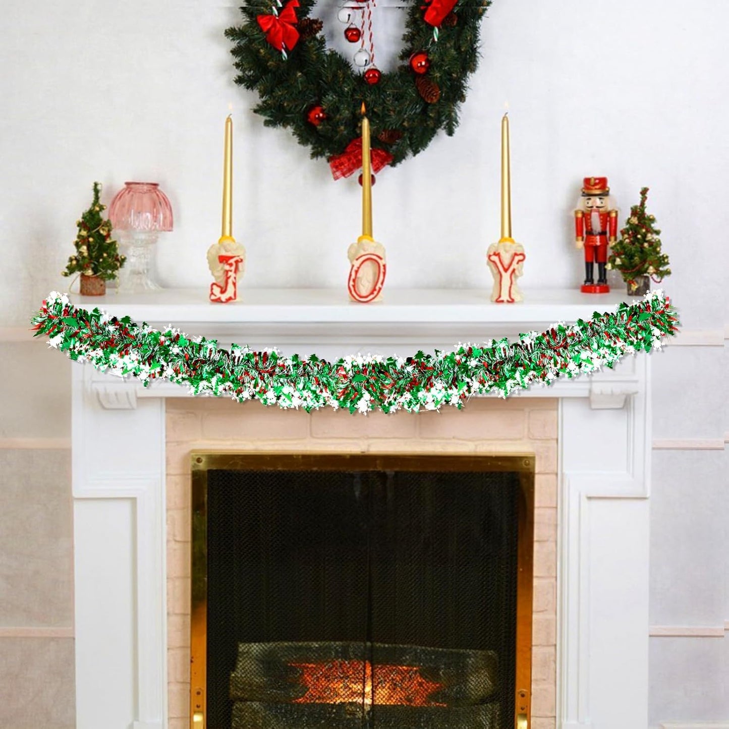 Skiennix 50Ft Tinsel Garland - Festive Christmas Tree Decorations with Snowflakes | Red, Green & White