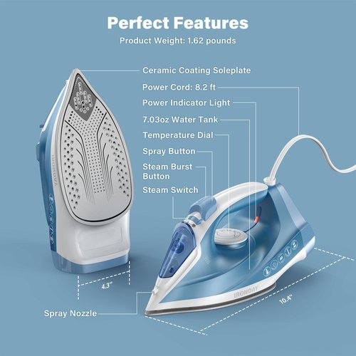 IRONDAY Steam Iron for Clothes Fast Heating, 1200W Iron with Non-Stick Ceramic Soleplate, Self-Cleaning, Burst of Steam, Spray Mist, 7.03oz Water Tank Ironing Clothes for Home, Blue
