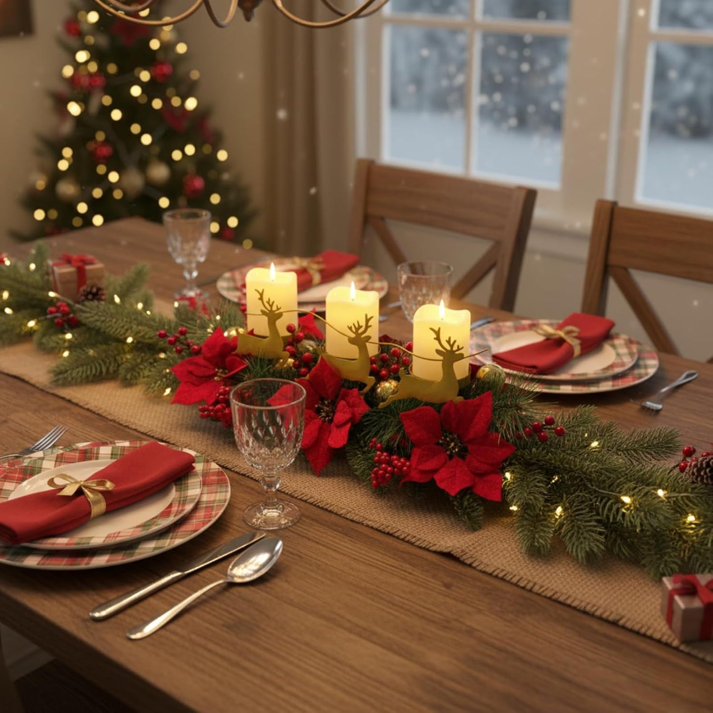 Skiennix Christmas Poinsettia Candle Holder - Elegant Table Centerpiece with Metal Deer & Red Berries