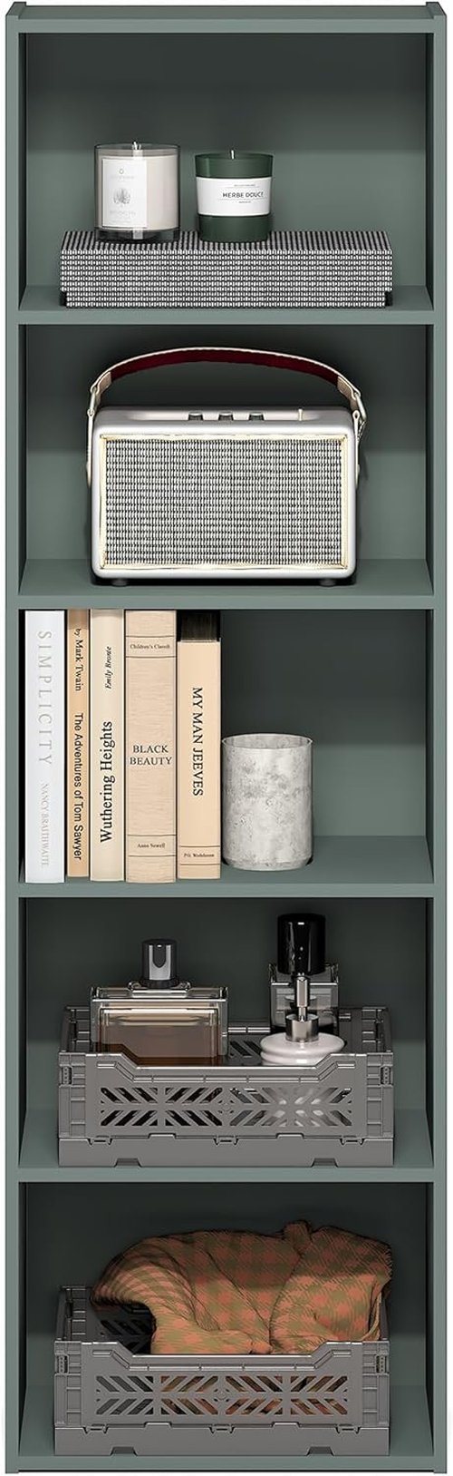 Furinno LUDER 5-Tier Bookshelf - Open Shelves Design for Easy Assembly | Sage Green, 9.4 x 15.8 x 52 Inches
