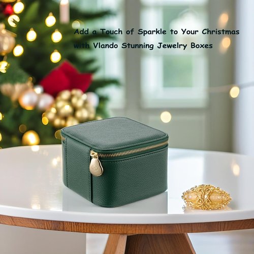 VLANDO Travel Jewelry Box Organizer – Portable PU Leather Jewelry Case with 6/8/12 Zippered Pouches, Compact Storage for Earrings Rings Necklaces Bracelets, Dark Green
