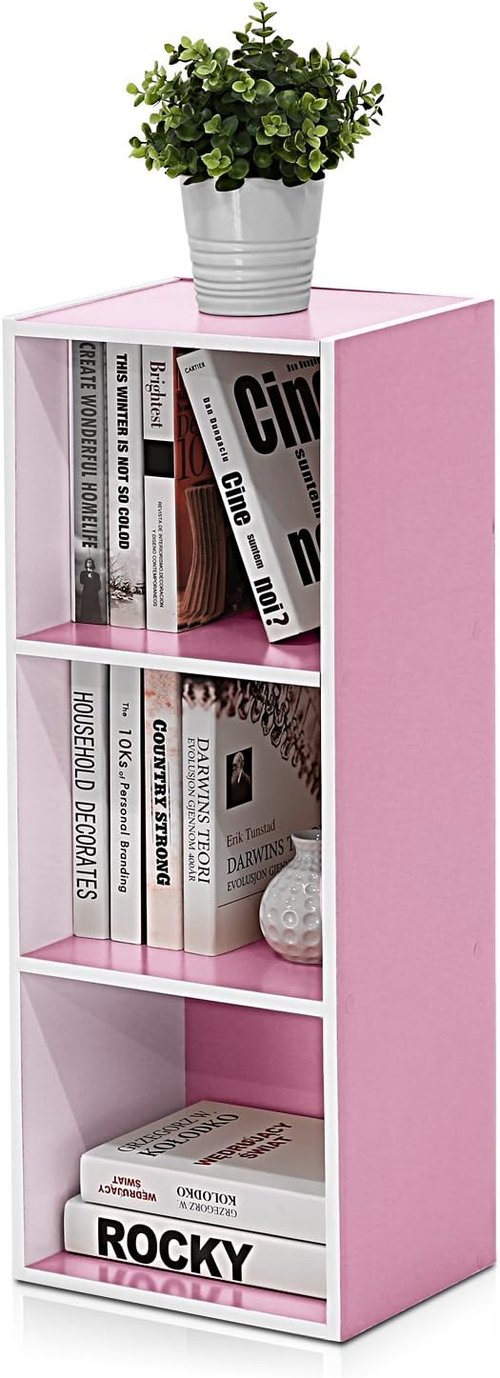Furinno LUDER 3-Cube Bookshelf - Stylish Open Shelves for Easy Assembly | White/Pink, 9.3 x 12 x 31.5