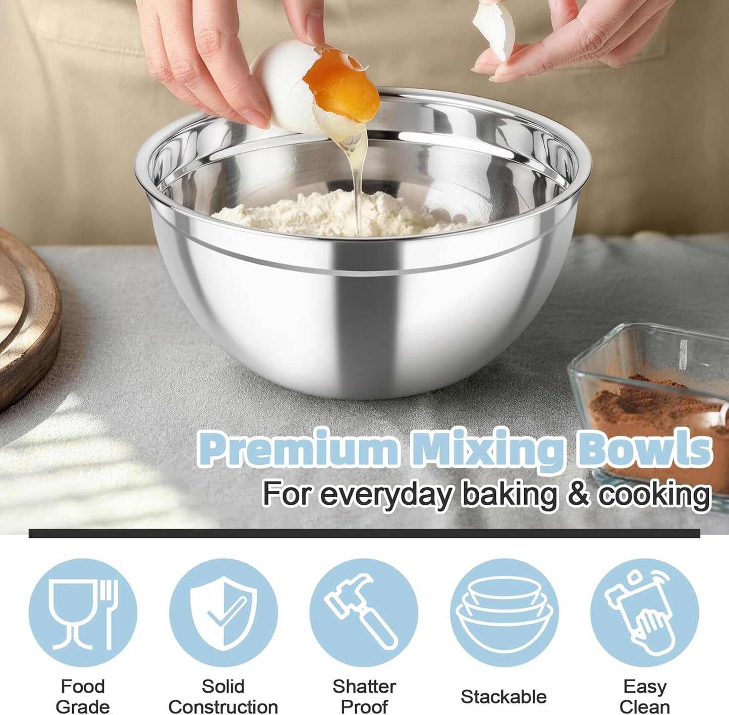 TeamFar Stainless Steel Mixing Bowls Set - Airtight Lids for Serving, Mixing & Storing | 4.6 QT, 3 QT, 1.5 QT, Black