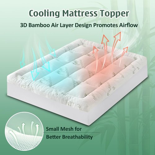 DOWNCOOL 3 Inch Queen Mattress Topper - Cooling Memory Foam for Back Pain Relief | Breathable Bamboo Viscose, Deep Pocket Fit 8-21 Inch