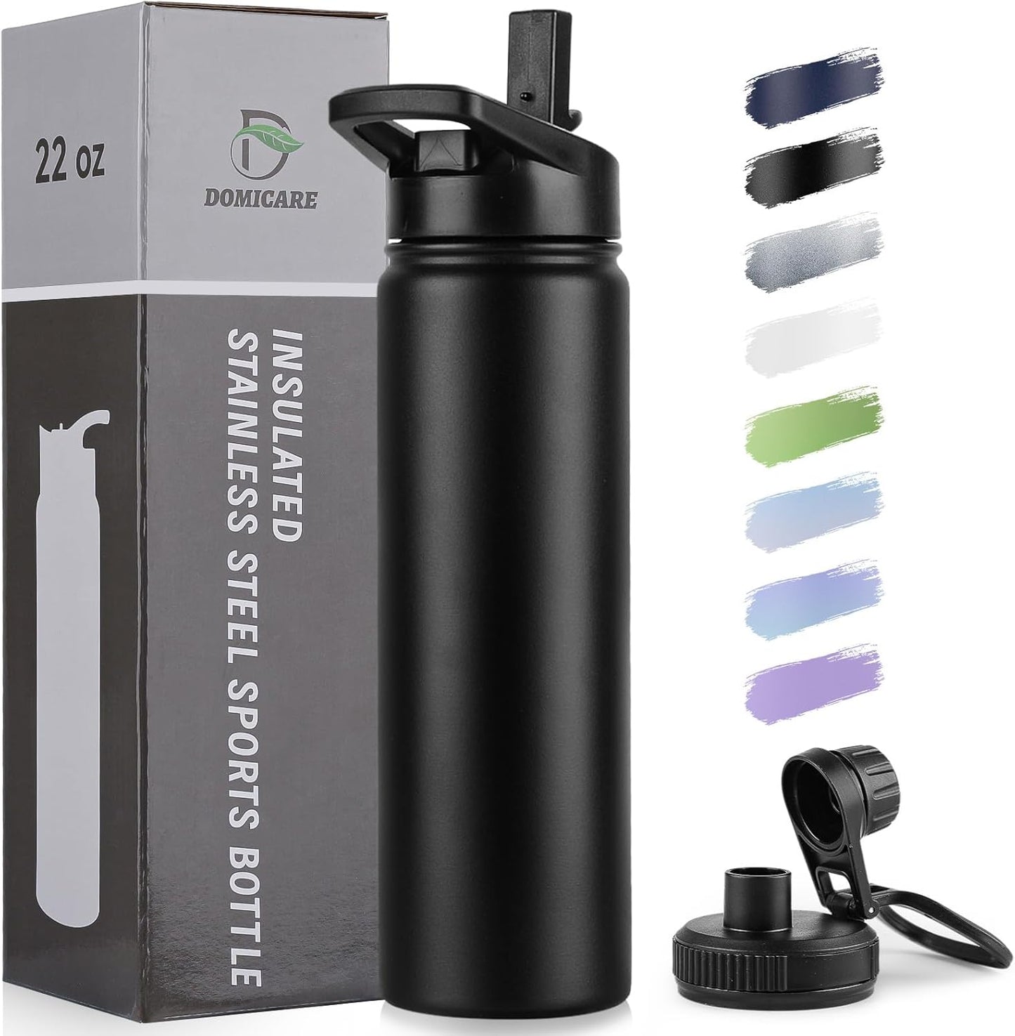 Domicare Insulated Water Bottle - 22 oz Stainless Steel Vacuum Bottle with Straw & Spout Lid | Leakproof Black