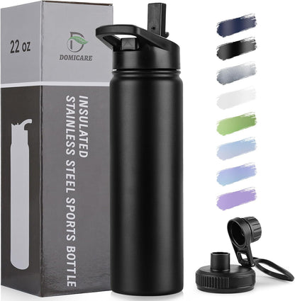 Domicare Insulated Water Bottle - 22 oz Stainless Steel Vacuum Bottle with Straw & Spout Lid | Leakproof Black