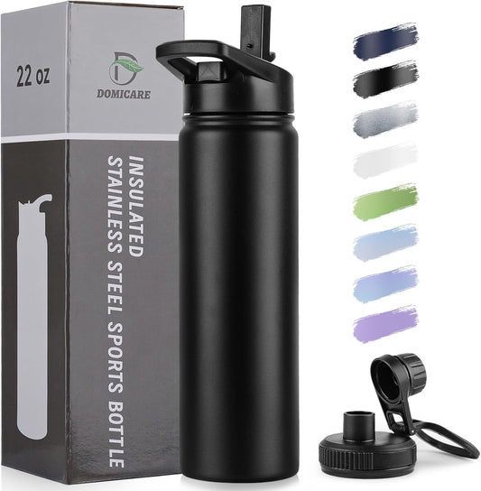 Domicare Insulated Water Bottle - 22 oz Stainless Steel Vacuum Bottle with Straw & Spout Lid | Leakproof Black