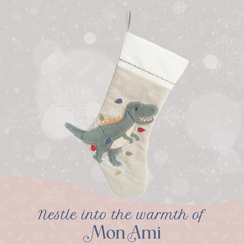 Dino Festive Christmas Stocking 21-Inch Linen Mantel Decor - Mon Ami Dino Variation