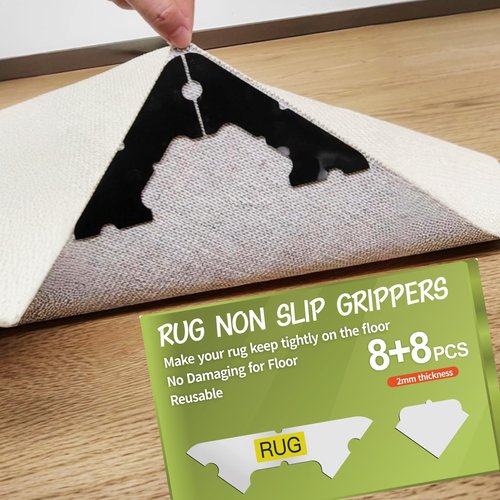 FLUOTINE 16 PCS Carpet Tape,Non Slip Carpet Pads for Area Rugs on Hardwood Floors,Laminate,Tile,LVP Floors,Reusable and Removable Rug Corner Pads with No Residue
