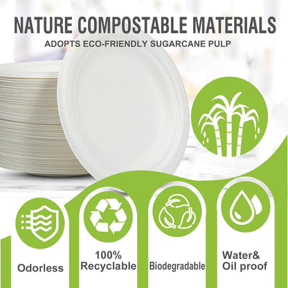 Skiennix Disposable White Paper Plates - 6 Inch Heavy Duty Biodegradable & Compostable | 100 Count, Leak-Proof, Microwave Safe for Parties & Snacks