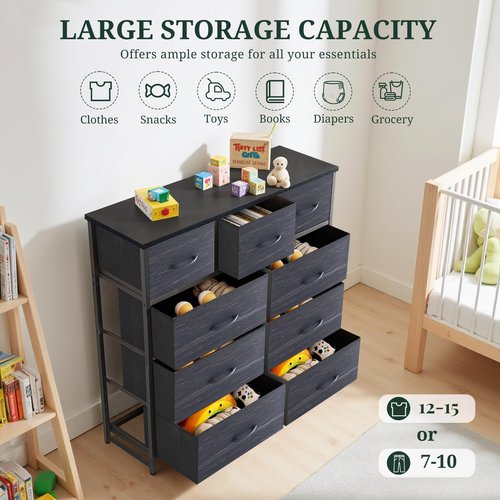 9-Drawer Dresser for Bedroom, Anti-Tip Tall Storage Organizer Chest of Drawers with Wooden Top and Metal Frame Fabric Bins for Closet, Living Room, Hallway, Entryway, Charcoal Black