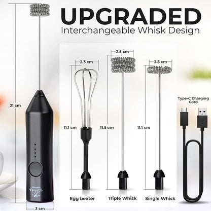 Zulay Kitchen Rechargeable Milk Frother - 3 Speeds & 3 Whisk Attachments - USB Charging for Lattes & Cappuccinos - Black