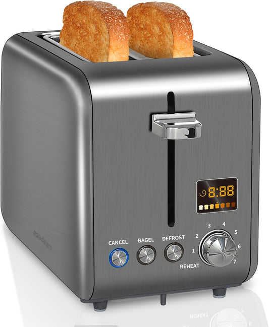 SEEDEEM 2-Slice Stainless Steel Toaster - LCD Display, 7 Shade Settings, 1.4'' Wide Slots, Dark Metallic