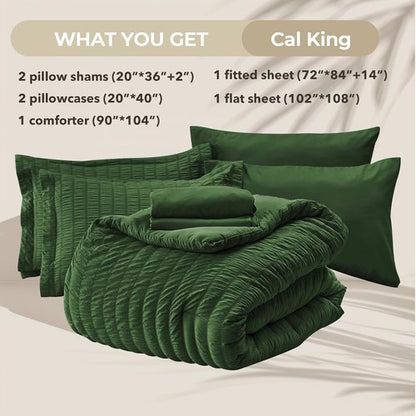 HYMOKEGE California King Comforter Set - Dark Green Seersucker 7-Piece Luxury Bedding | All Season Essentials