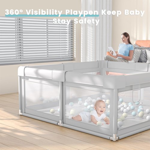 Hiaksedt Baby Playpen - 50 x 50 Inch Safe Play Area with Ocean Balls & Zipper Gates | Soft, Skin-Friendly Fabric