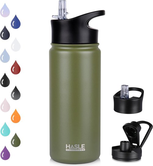 HASLE OUTFITTERS Insulated Water Bottle - 16 oz Double Wall Stainless Steel | Leak Proof, Wide Mouth, Army Green