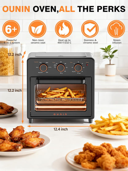 OUNIN Air Fryer & Toaster Oven - 12L Compact Design with Steam Infusion & 60-Minute Timer, Stainless Steel