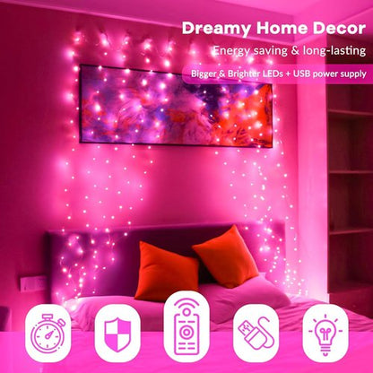 HXWEIYE 300LED Fairy Curtain Lights - 9.8x9.8Ft USB Plug-In with 8 Modes & Remote - Pink, Standard 1 Pack