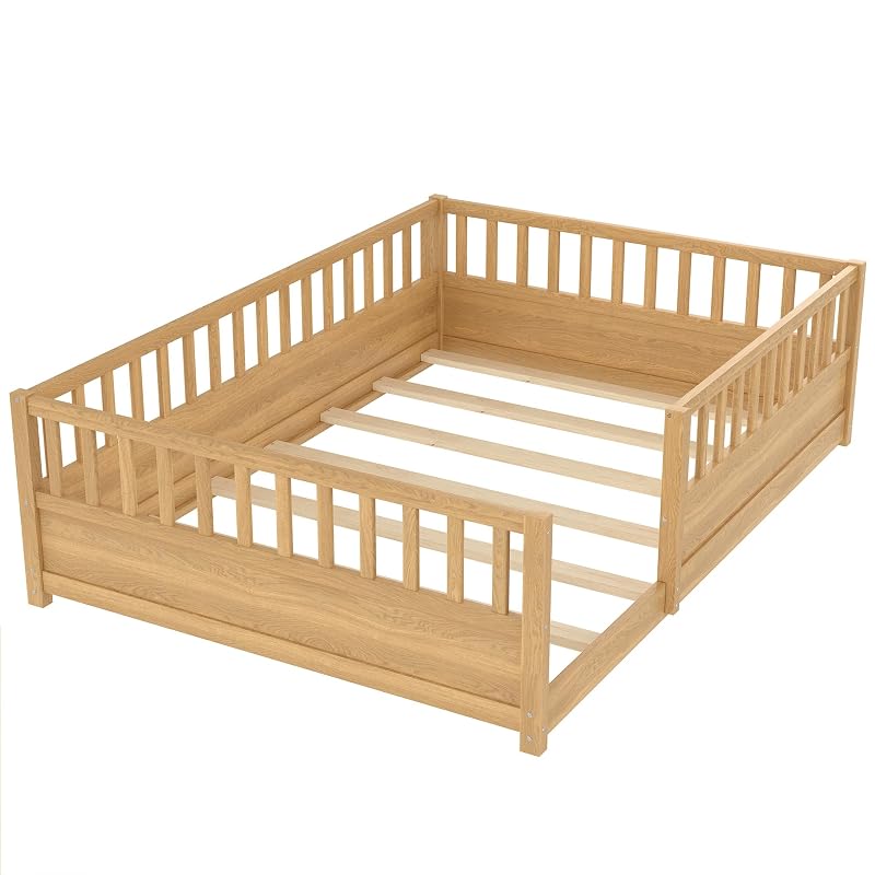 Montessori Floor Bed Full Size with High Guardrails – Natural + Full (Bellemave)