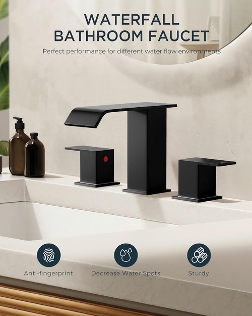 FORIOUS Bathroom Faucet - Matte Black 8-Inch Widespread Waterfall Spout with Pop-Up Drain & Water Supply