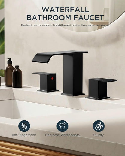FORIOUS Bathroom Faucet - Matte Black 8-Inch Widespread Waterfall Spout with Pop-Up Drain & Water Supply
