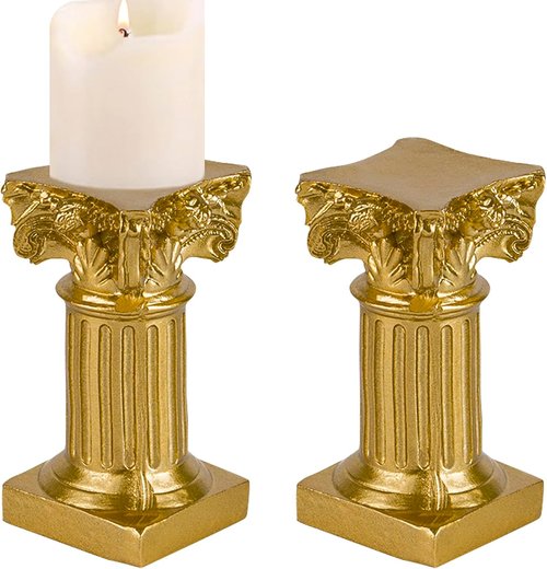 **Regine Switzerland Gold Candle Holders - Mini Roman Pillar Statues Set of 2 for Elegant Table Centerpieces**