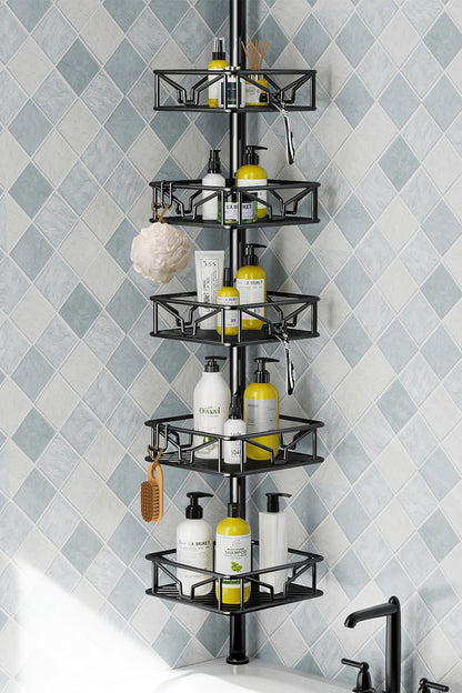 Skycarper 5-Tier Adjustable Corner Shower Caddy - Rustproof Tension Pole, 62-116 Inch, Black