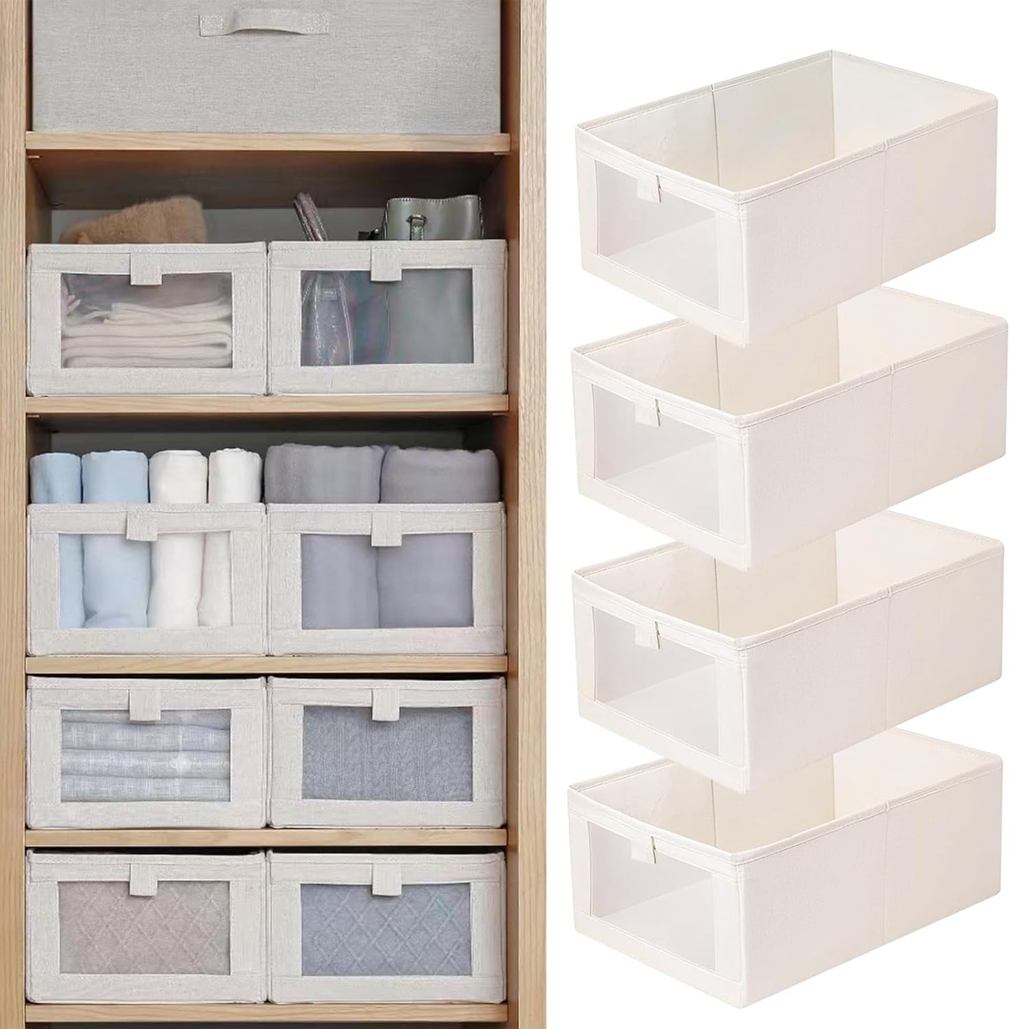 Pradnel Linen Closet Organizers - 4 Pack Foldable Storage Bins with Clear Window for Clothing & Jeans