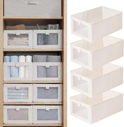 Pradnel Linen Closet Organizers - 4 Pack Foldable Storage Bins with Clear Window for Clothing & Jeans